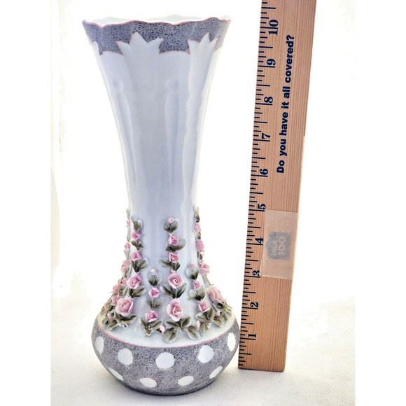 VASE/SHELF DECOR-C. Sadek 6186-Unglazed Porcelain-Molded Flowers-Pink-Gray-10" - Picture 11 of 11